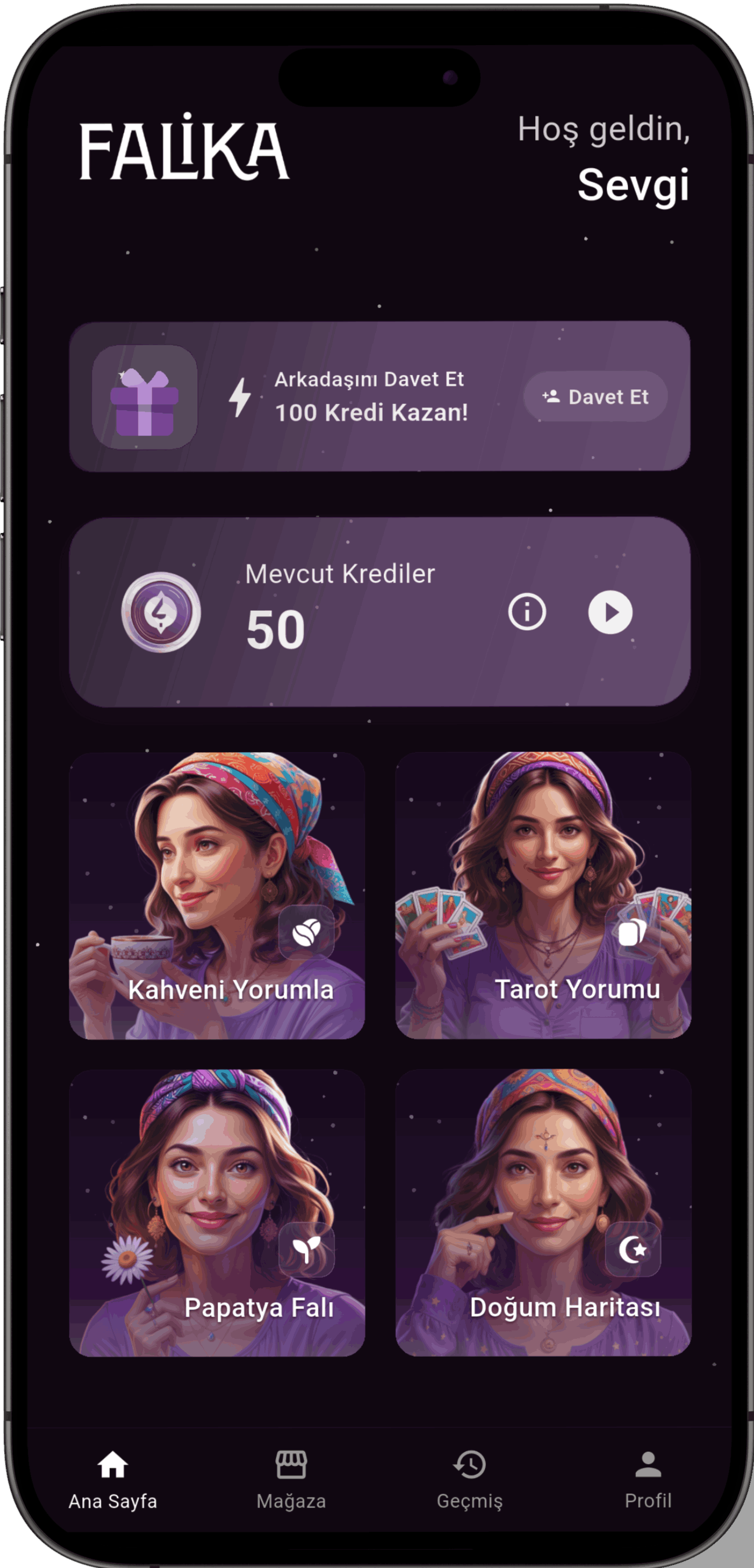 Falika mobil uygulama arayüzünü gösteren telefon ekran görüntüsü - astroloji, tarot ve kahve falı özellikleri